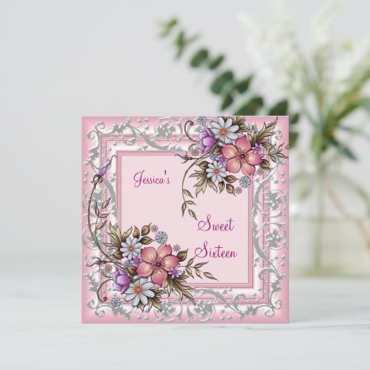 Sweet Sixteen 16-jarige  roze Floral 2 Kaart (Staand voorkant)