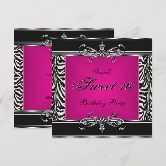 Sweet Sixteen 16-jarige roze Zebra zwarte zilver Kaart (Voorkant / Achterkant)