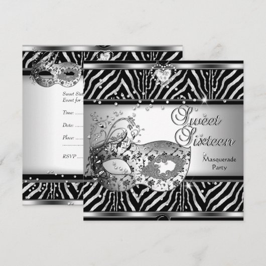 Sweet Sixteen 16-jarige Zebra Silver Mask Kaart (Voorkant / Achterkant)