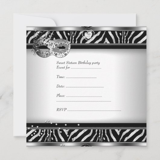 Sweet Sixteen 16-jarige Zebra Silver Mask Kaart (Achterkant)