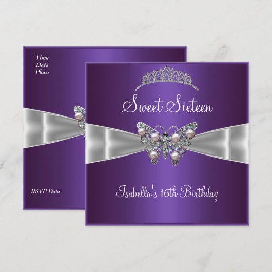 Sweet Sixteen 16-jarige Zilver Bow Paars Tiara Kaart (Voorkant / Achterkant)