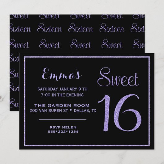 Sweet Sixteen 16 Lavendel Glitter Glam Kaart (Voorkant / Achterkant)
