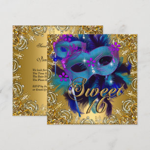 Sweet Sixteen 16 Masquerade Blue Gold Paars Kaart