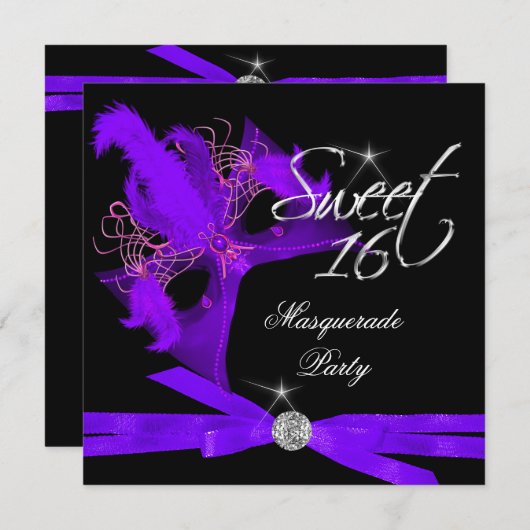 Sweet Sixteen 16 Masquerade Paars Black Kaart (Voorkant / Achterkant)