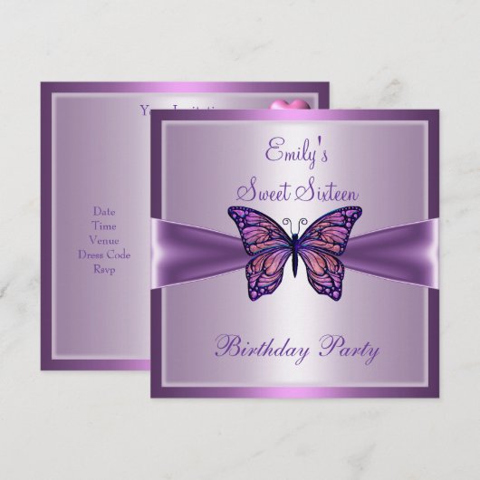 Sweet Sixteen 16 Paarse Mauve Butterfly Birthday 2 Kaart (Voorkant / Achterkant)