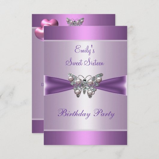 Sweet Sixteen 16 Paarse Mauve Pearl Butterfly 2 Kaart (Voorkant / Achterkant)
