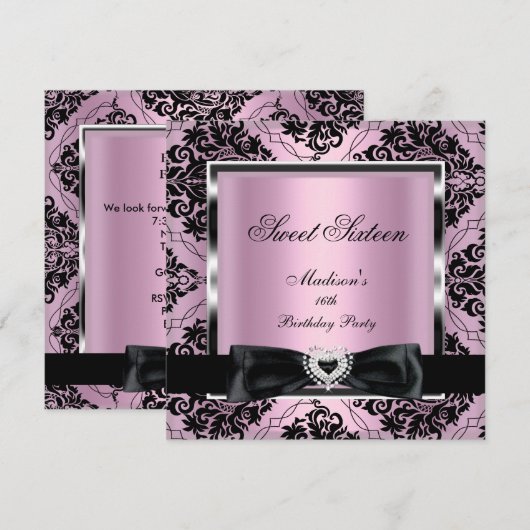 Sweet Sixteen 16-partij roze Damask Silver Black Kaart (Voorkant / Achterkant)