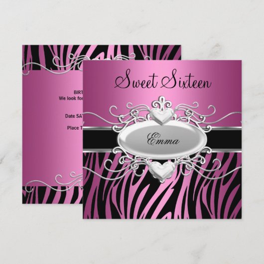 Sweet Sixteen 16-partij Silver Pink Black Zebra Kaart (Voorkant / Achterkant)