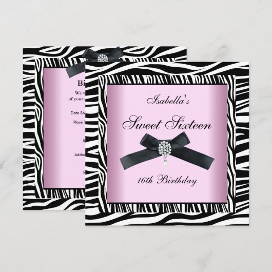 Sweet Sixteen 16-partijenroze zwart-wit Zebra 5 Kaart (Voorkant / Achterkant)