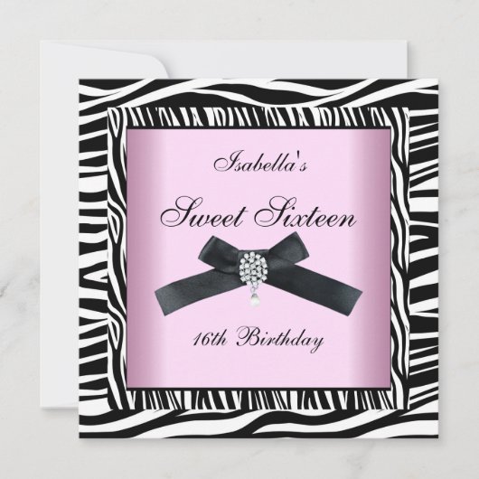 Sweet Sixteen 16-partijenroze zwart-wit Zebra 5 Kaart (Voorkant)
