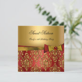 Sweet Sixteen 16 Red Black Gold Damask Bow Kaart (Staand voorkant)