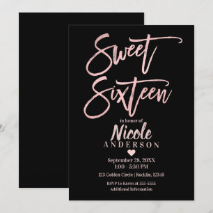 SWEET SIXTEEN 16 Roos Gold Foil & Black Modern Kaart