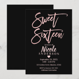 SWEET SIXTEEN 16 Roze Goud Folie & Zwart Modern Kaart