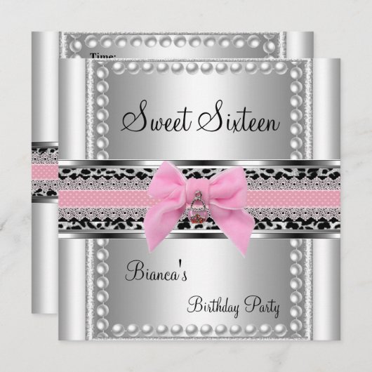 Sweet Sixteen 16-roze luis Silver Pearl Leopard Kaart (Voorkant / Achterkant)