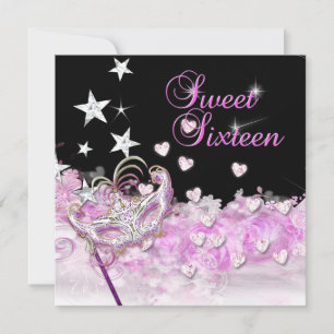 Sweet Sixteen 16 Roze Masker Harten Sterren Kaart