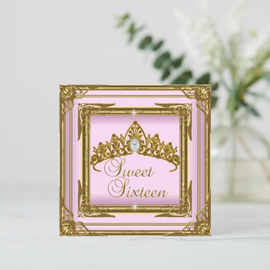 Sweet Sixteen 16 roze Tiara Gold Glitter Kaart (Staand voorkant)