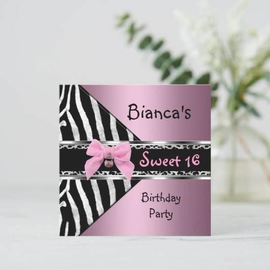 Sweet Sixteen 16 roze zilver zwarte Zebra Kaart (Staand voorkant)
