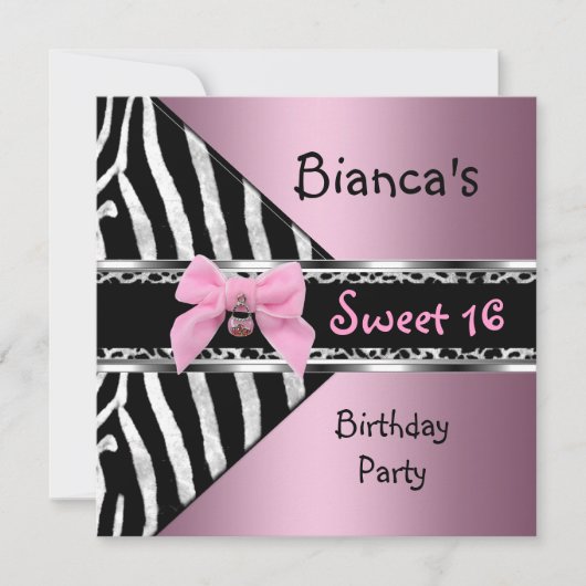 Sweet Sixteen 16 roze zilver zwarte Zebra Kaart (Voorkant)