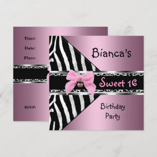 Sweet Sixteen 16 roze zilver zwarte Zebra Kaart