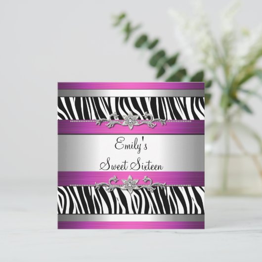 Sweet Sixteen 16 roze zwarte witte Zebra zilver Kaart (Staand voorkant)