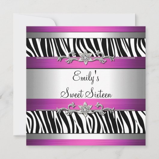 Sweet Sixteen 16 roze zwarte witte Zebra zilver Kaart (Voorkant)