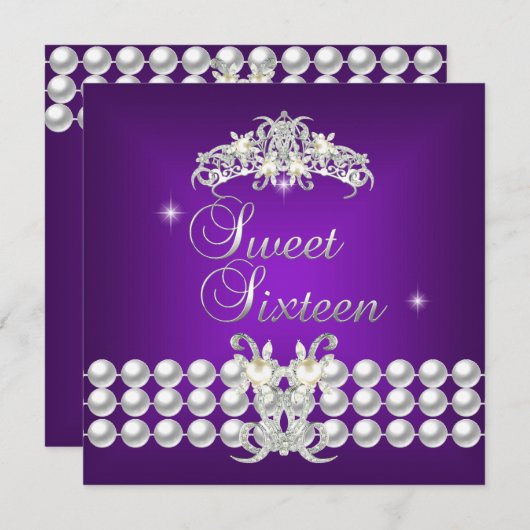 Sweet Sixteen 16 Tiara Paarse zilveren witte parel Kaart (Voorkant / Achterkant)