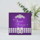 Sweet Sixteen 16 Tiara Paarse zilveren witte parel Kaart (Staand voorkant)