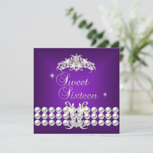 Sweet Sixteen 16 Tiara Paarse zilveren witte parel Kaart (Staand voorkant)