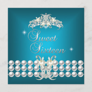 Sweet Sixteen 16 Tiara Turquoise Blauw Witte Parel Kaart