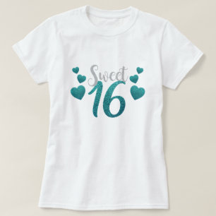 Sweet Sixteen 16 Verjaardag Blauwgroen Blue Faux G T-shirt