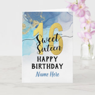Sweet Sixteen 16 Verjaardag Waterverf Blauw & Goud Kaart