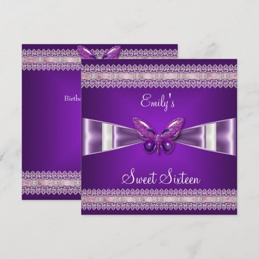 Sweet Sixteen 16 witte Paarse vlinder Kaart (Voorkant / Achterkant)