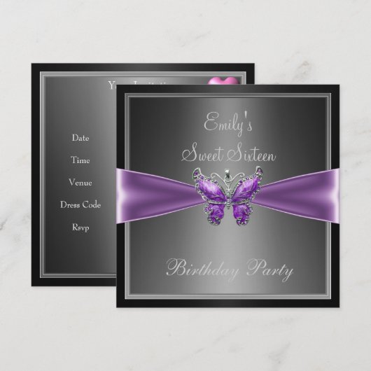 Sweet Sixteen 16 zwarte grijze Paarse vlinder Kaart (Voorkant / Achterkant)