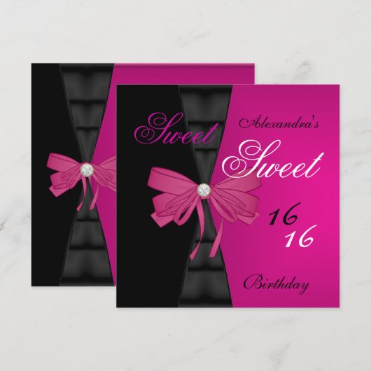 Sweet Sixteen 16de Bright Pink Black Bow-partij Kaart (Voorkant / Achterkant)