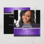 Sweet Sixteen 16e Paarse Silver Photo Black Lace Kaart (Voorkant / Achterkant)