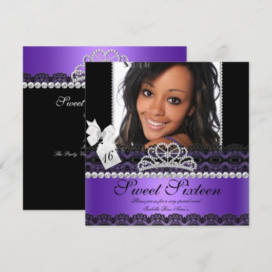 Sweet Sixteen 16e Paarse Silver Photo Black Lace Kaart (Voorkant / Achterkant)