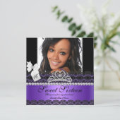 Sweet Sixteen 16e Paarse Silver Photo Black Lace Kaart (Staand voorkant)