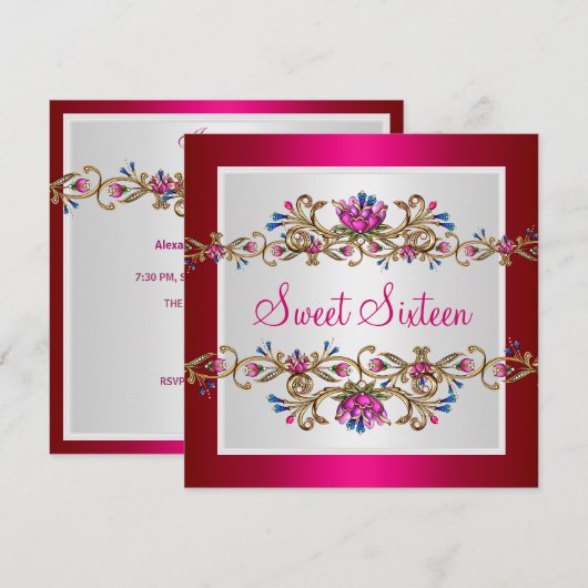 Sweet Sixteen 16e verjaardag White Gold Fushia Kaart (Voorkant / Achterkant)