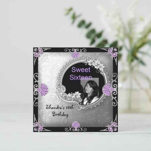 Sweet Sixteen 16e verjaardag Zilveren Paarse foto Kaart (Staand voorkant)