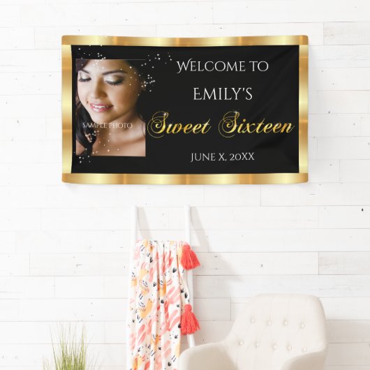 Sweet Sixteen, Aangepaste foto, Gouden Sparkle Spandoek (Insitu)