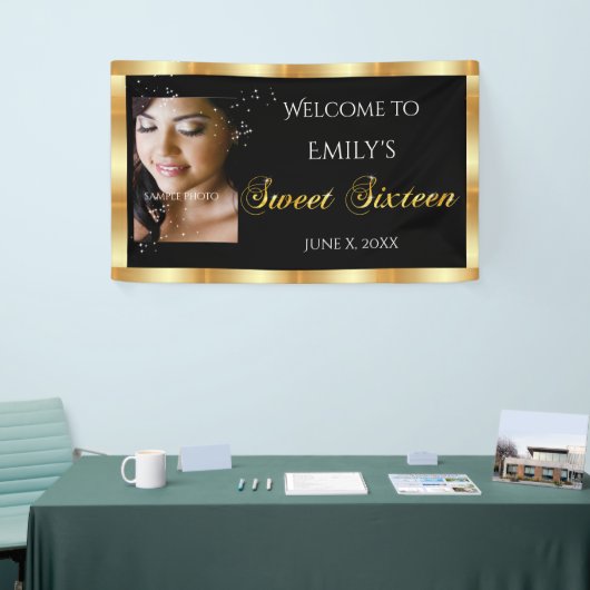 Sweet Sixteen, Aangepaste foto, Gouden Sparkle Spandoek (Beurs)