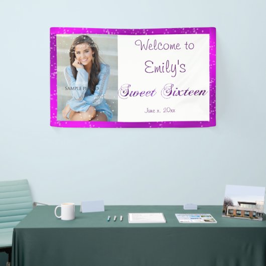 Sweet Sixteen, Aangepaste foto, Paarse, Sparkle Spandoek (Beurs)