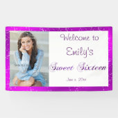 Sweet Sixteen, Aangepaste foto, Paarse, Sparkle Spandoek (Horizontaal)