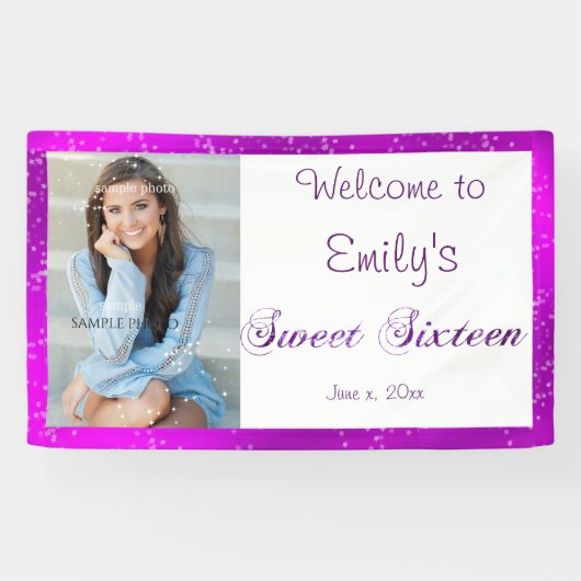 Sweet Sixteen, Aangepaste foto, Paarse, Sparkle Spandoek (Horizontaal)