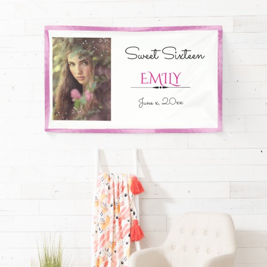 Sweet Sixteen, aangepaste foto, roze en wit Spandoek (Insitu)