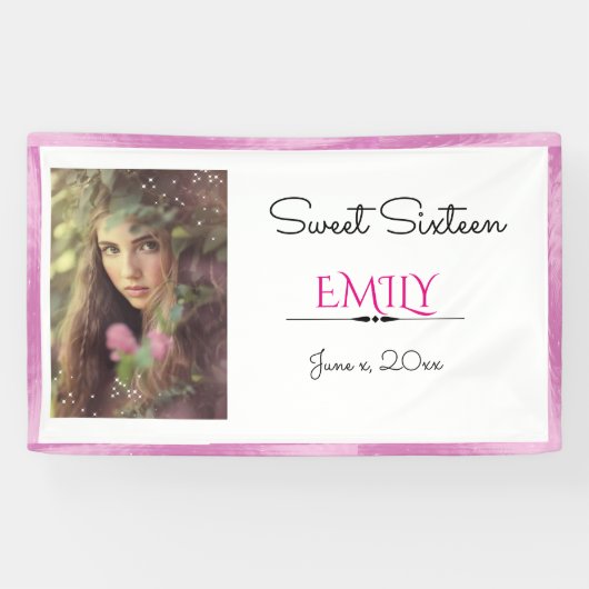 Sweet Sixteen, aangepaste foto, roze en wit Spandoek (Horizontaal)