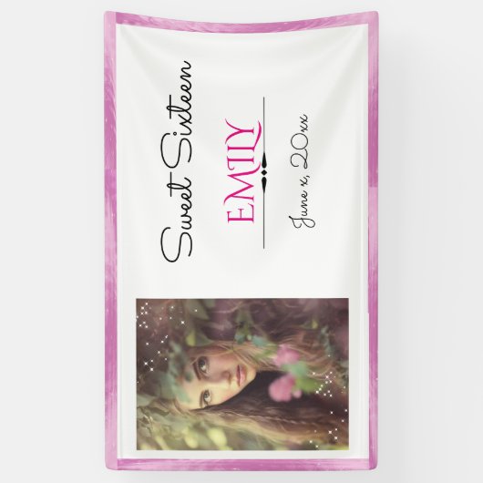 Sweet Sixteen, aangepaste foto, roze en wit Spandoek (Verticaal)