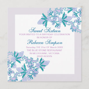 Sweet Sixteen Aqua Flowers verjaardagsuitnodiging Kaart