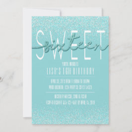 Sweet Sixteen, Aqua Glitter Birthday Invitations Kaart