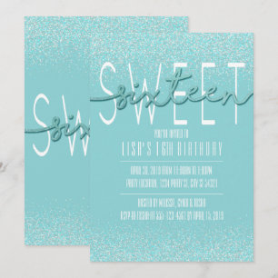 Sweet Sixteen, Aqua Glitter Birthday Invitations Kaart